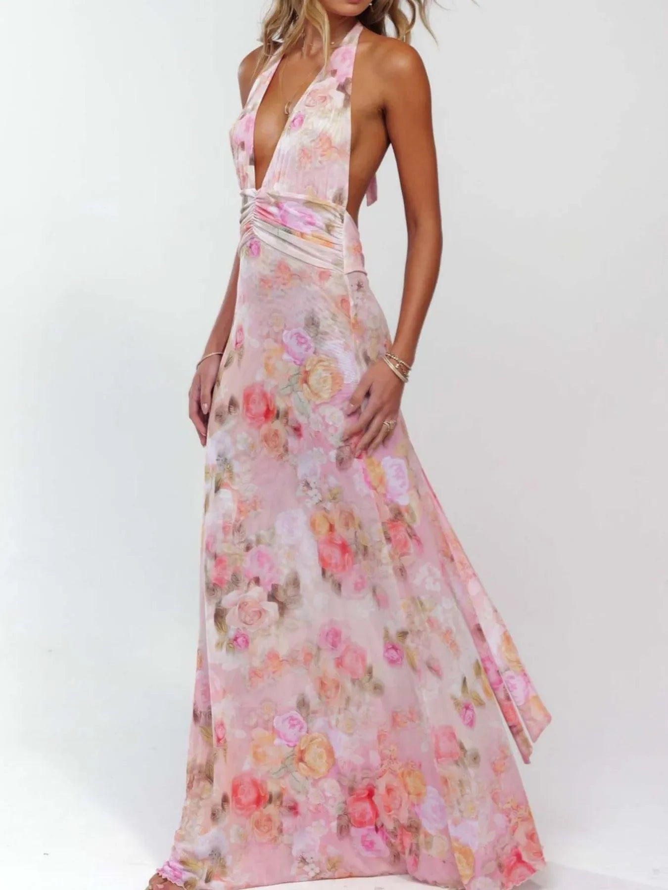 Floral Halter Neck Deep V Maxi Dress Beachwear - Southern Shores Clothing