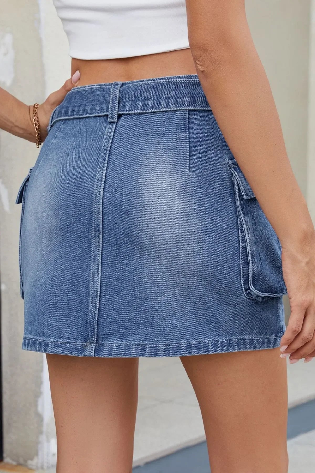 Denim Mini Skirt With Criss-Cross Waist Detail - Southern Shores Clothing