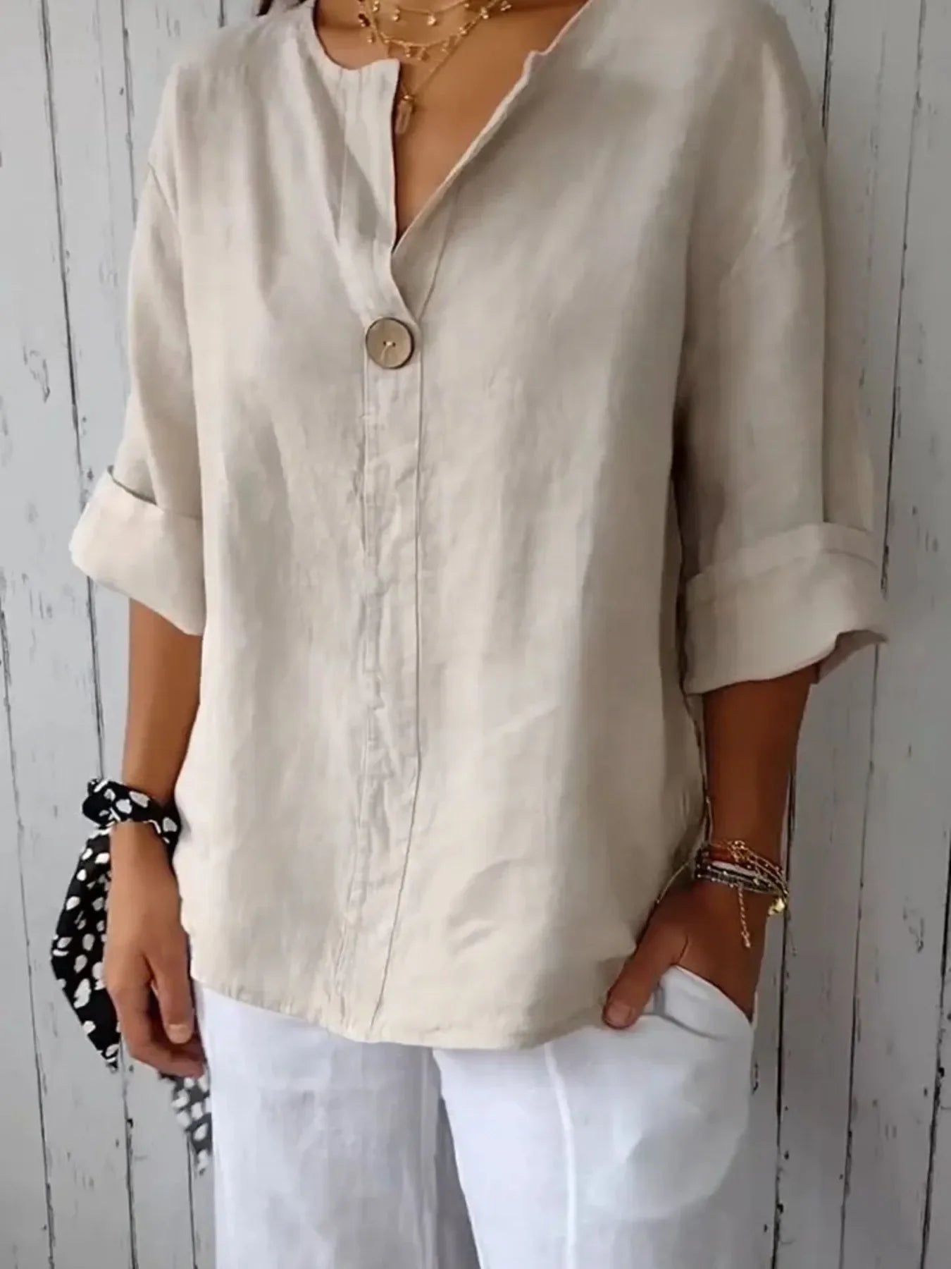 Plus Size Linen Blend Notched Blouse With Button Front - Southern Shores Clothing