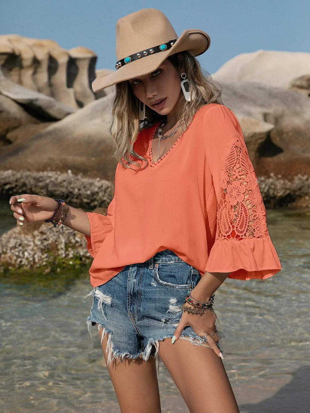 Southern Shores Clothing Lace Detail V-Neck Blouse In 100 Percent Viscose For Casual Wear - Southern Shores Clothing