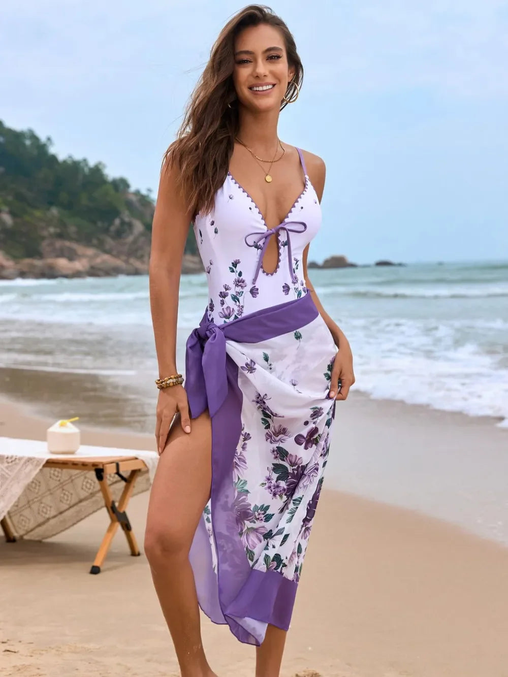 Printed Floral Spaghetti Strap Swim Set With Wrap Skirt - Southern Shores Clothing