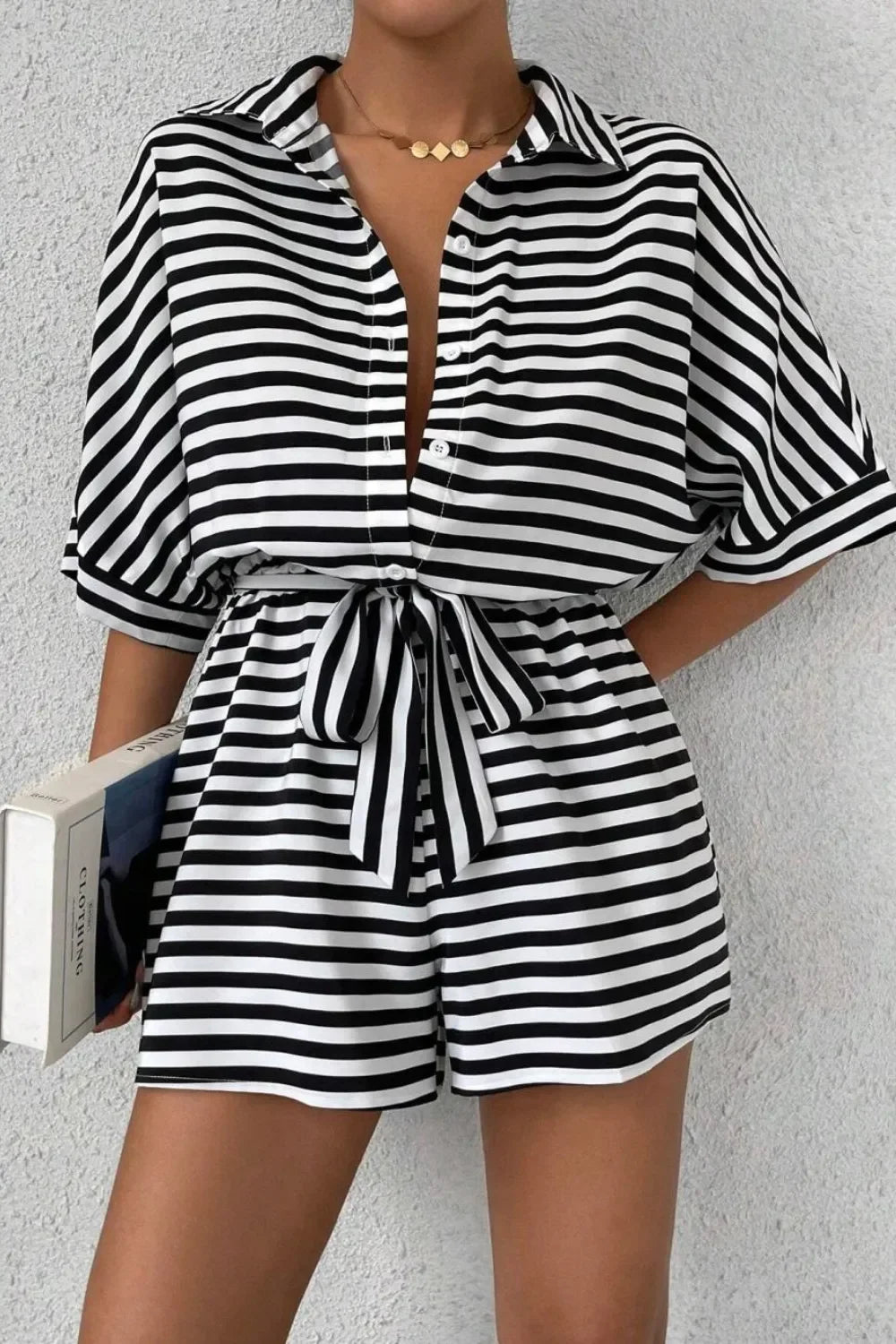 Striped Collared Neck Tie Waist Romper Relaxed Fit - Southern Shores Clothing