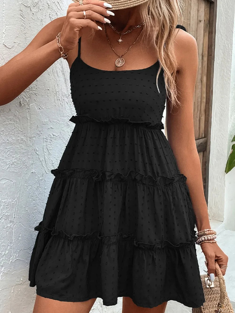 Shiny Frill Spaghetti Strap Tiered Dress - Southern Shores Clothing