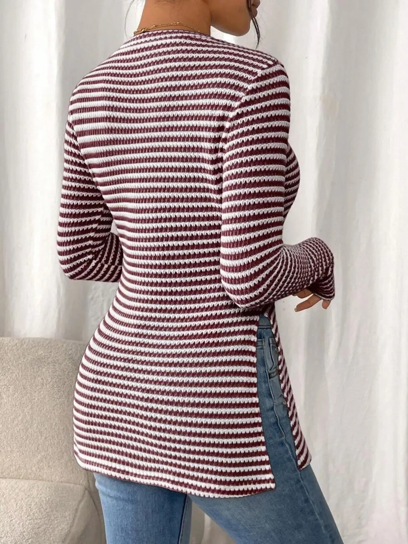 Side Slit Striped Long Sleeve T-Shirt - Southern Shores Clothing