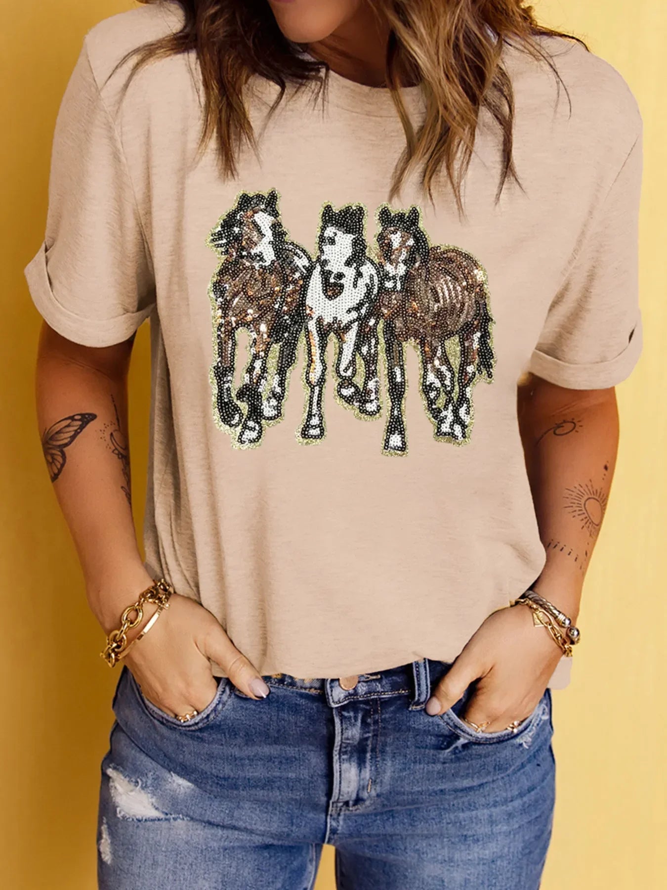 Sequin Horses Patched Casual Crewneck T Shirt With Stretch - Southern Shores Clothing