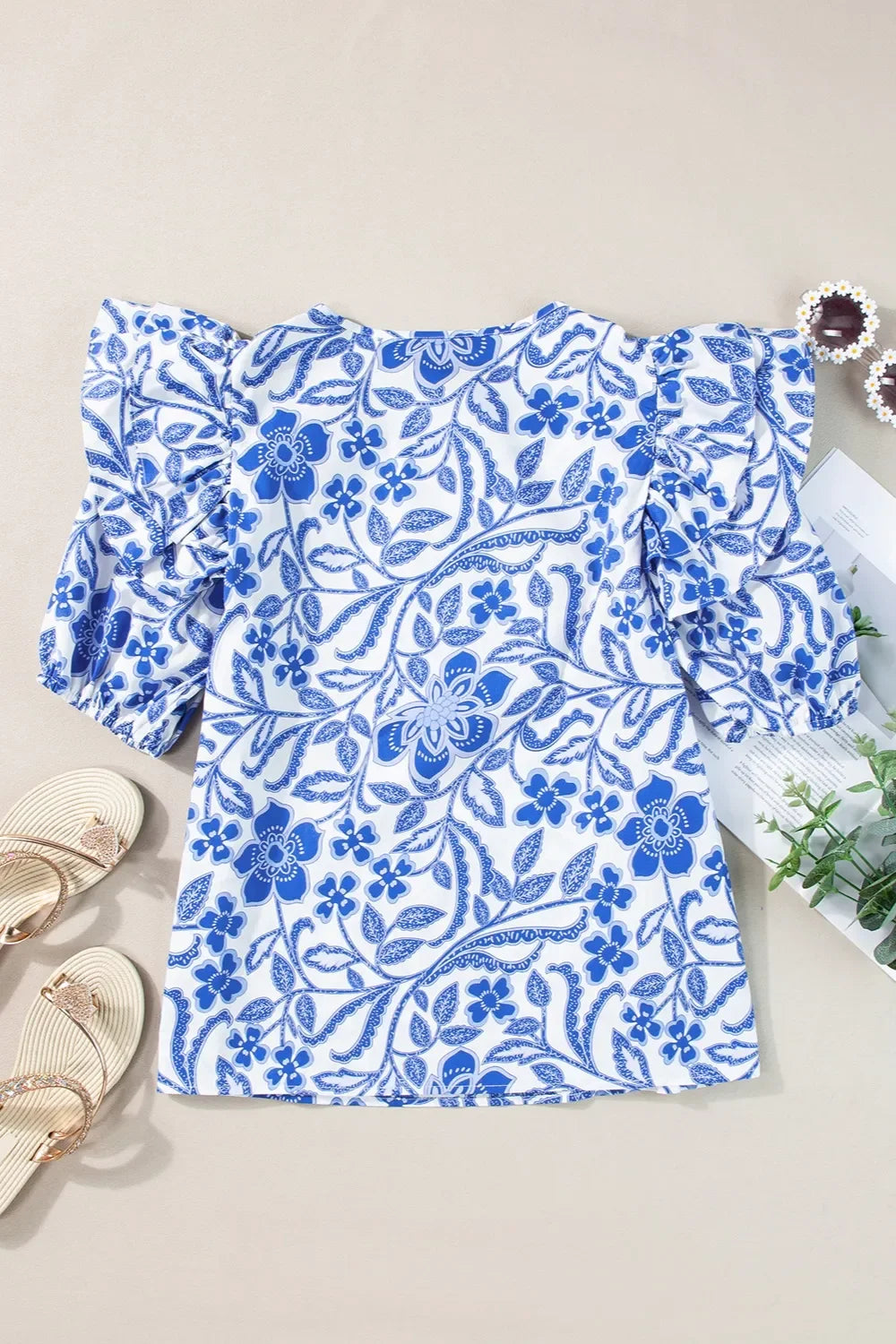 Printed Notched Half Sleeve Cotton Blouse - Southern Shores Clothing