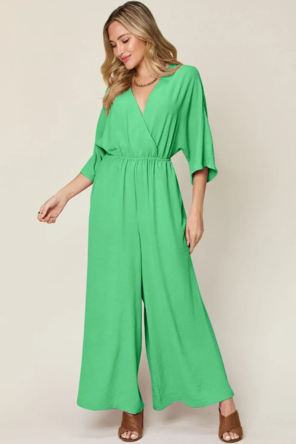 Surplice Wide-Leg Jumpsuit With Hidden Pockets - Southern Shores Clothing