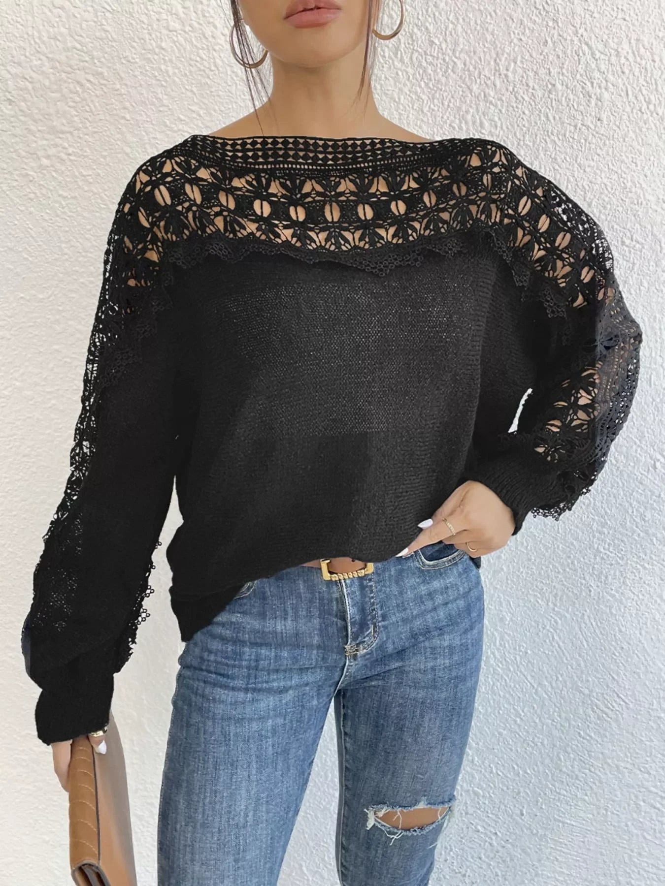 Crochet Lace Yoke Long Sleeve Knit Slim Fit Casual Sweater - Southern Shores Clothing