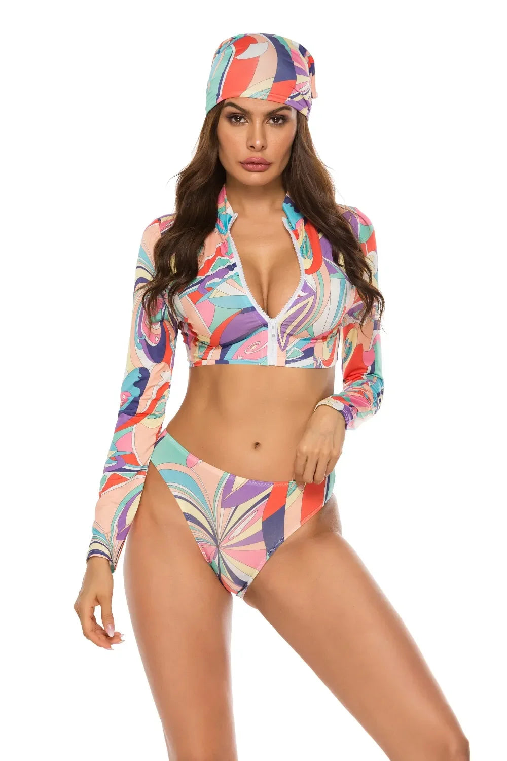 Printed Zip-Up Three-Piece Swim Set With Front Zip Top Pattern - Southern Shores Clothing