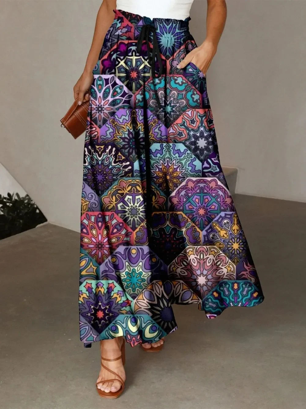 Printed Maxi Skirt With Pockets And Drawstring - Southern Shores Clothing