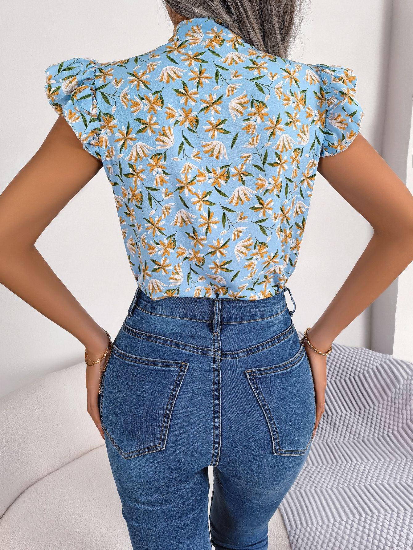 Floral Printed Tie Neck Flutter Sleeve Blouse Polyester - Southern Shores Clothing