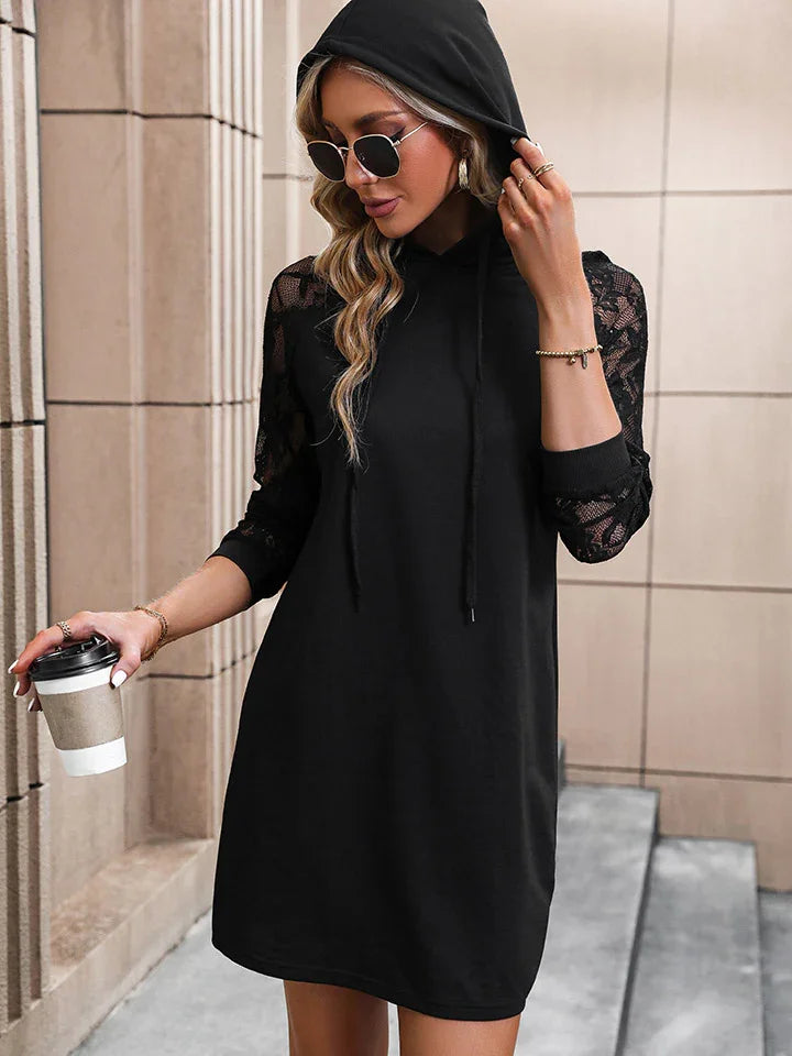 Lace Trim Long Sleeve Hooded Dress For Everyday Wear - Southern Shores Clothing
