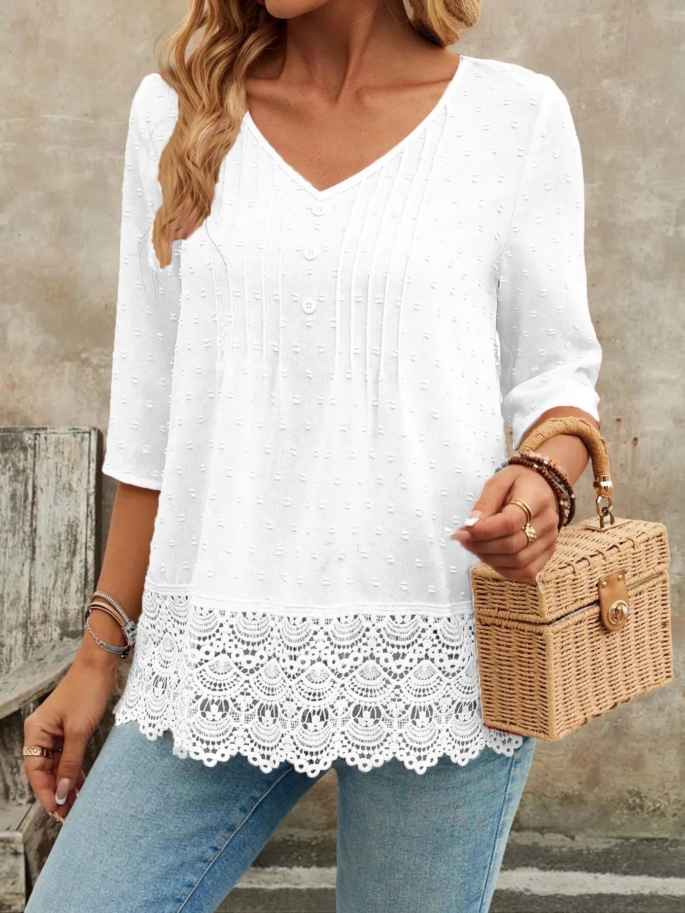 V-Neck Lace Hem Blouse With Decorative Button - Southern Shores Clothing