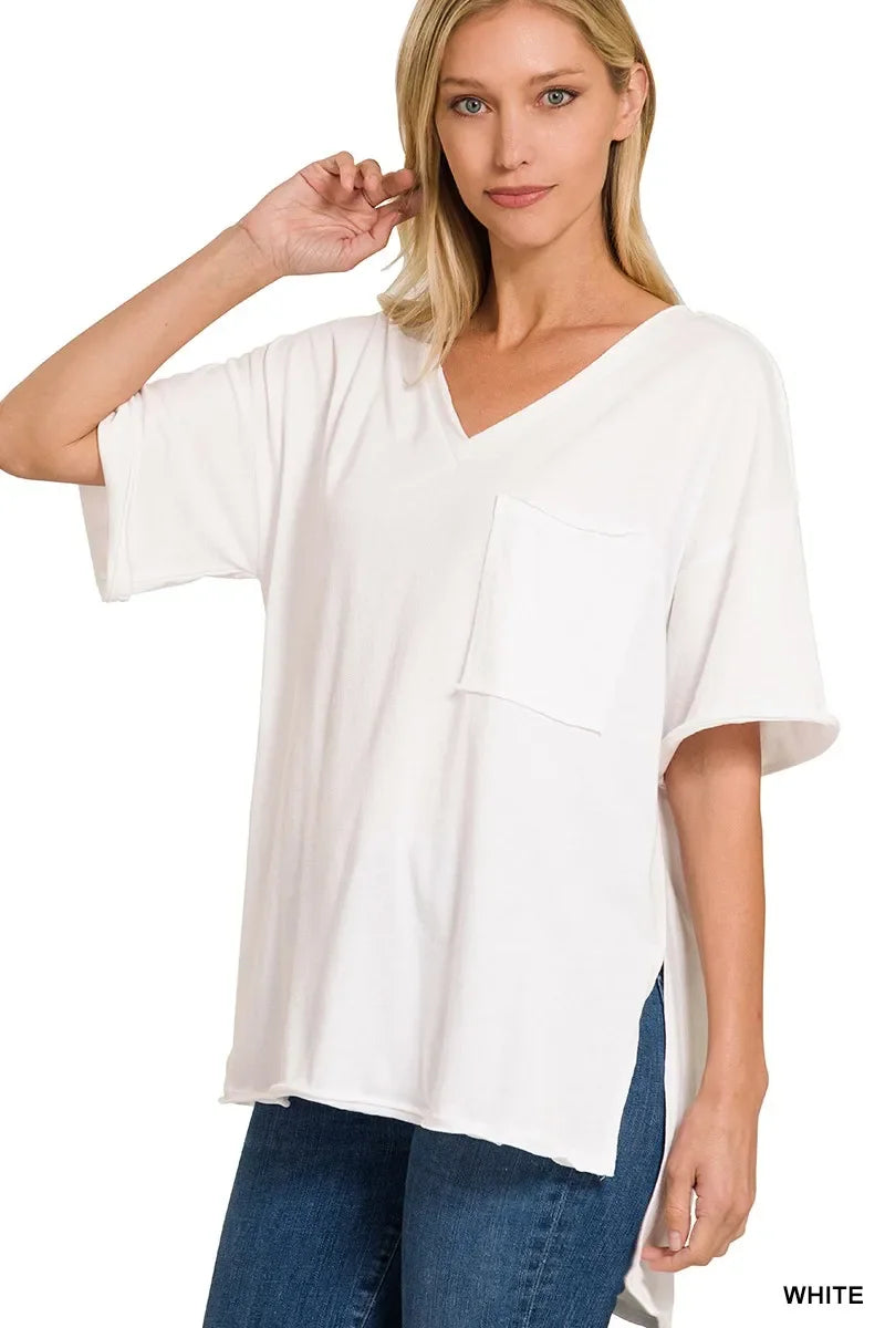 Front Pocket Raw Edge Boyfriend Tee Shirt Relaxed Fit - Southern Shores Clothing
