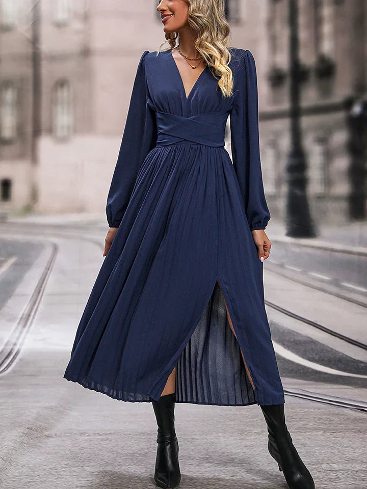 Perfee V-Neck Long Sleeve Pleated Slit Dress - Southern Shores Clothing