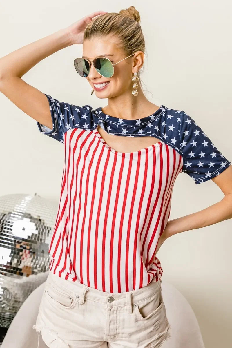 American Flag Front Cut Out T Shirt Top Lightweight - Southern Shores Clothing