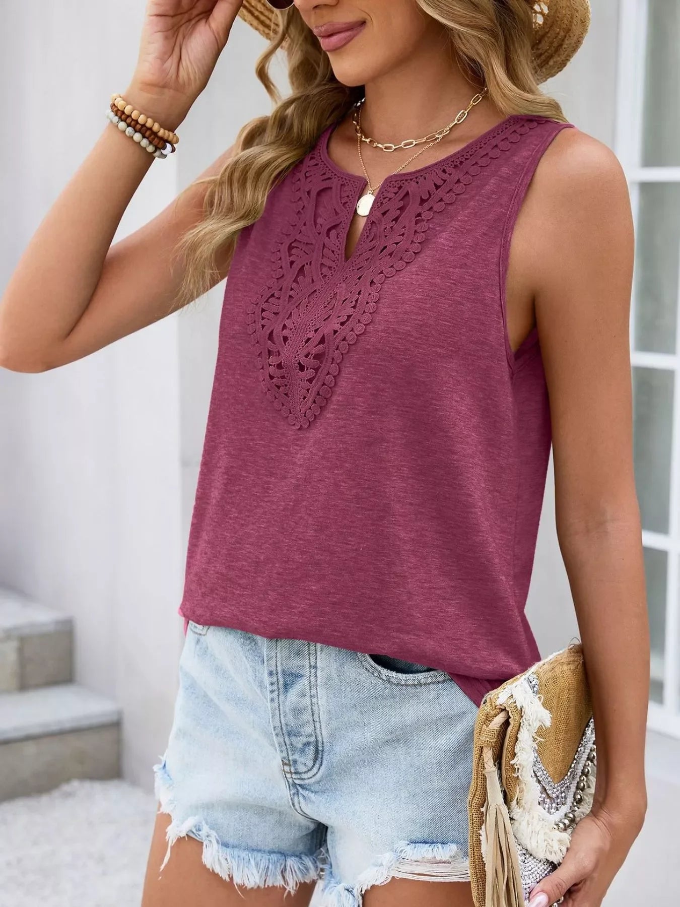 Lace Trim Sleeveless Tank Top With Intricate Lace Front - Southern Shores Clothing