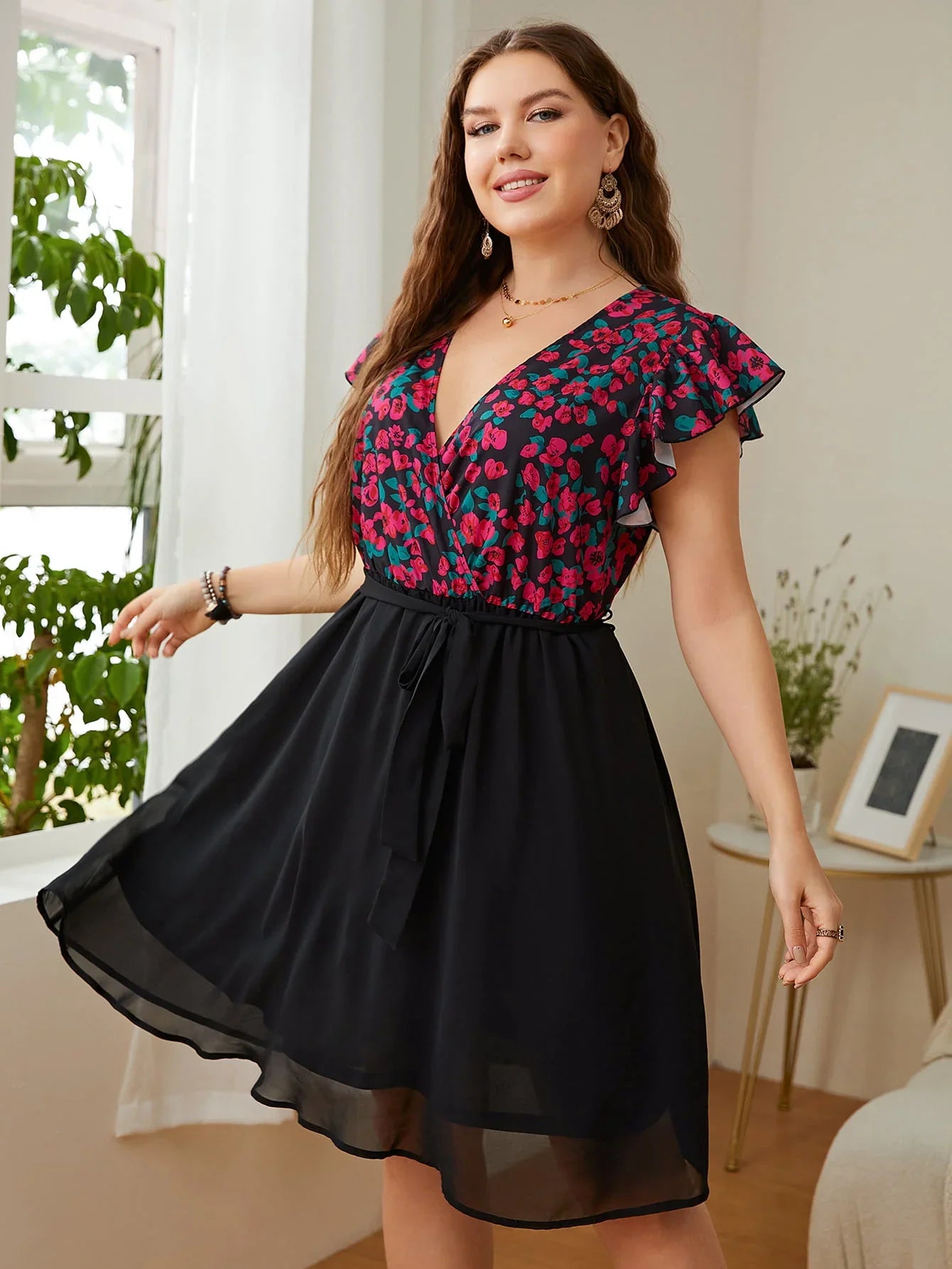Honey Plus Size Floral Surplice Neck Flutter Sleeve Dress - Southern Shores Clothing