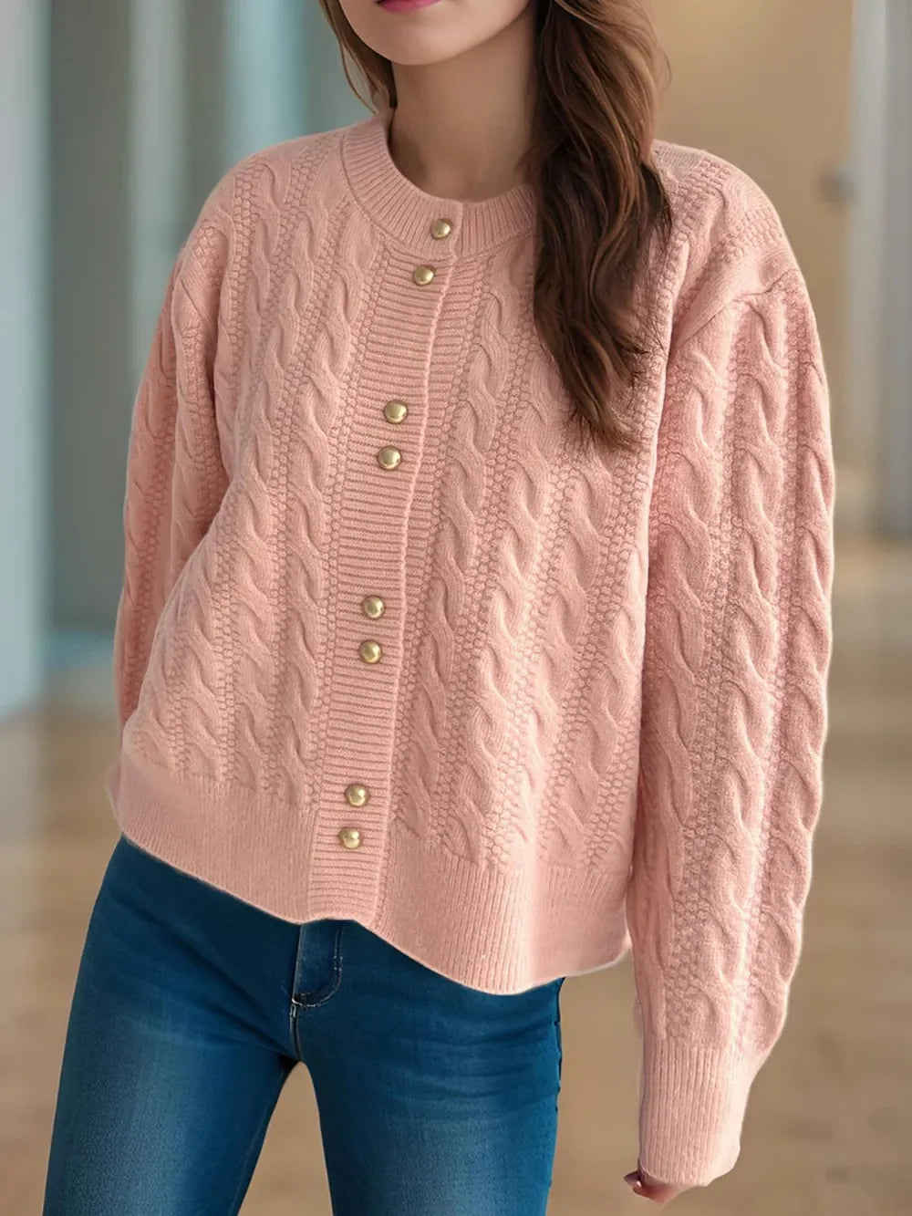 Cable-Knit Round-Neck Long Sleeve Cardigan Buttoned - Southern Shores Clothing