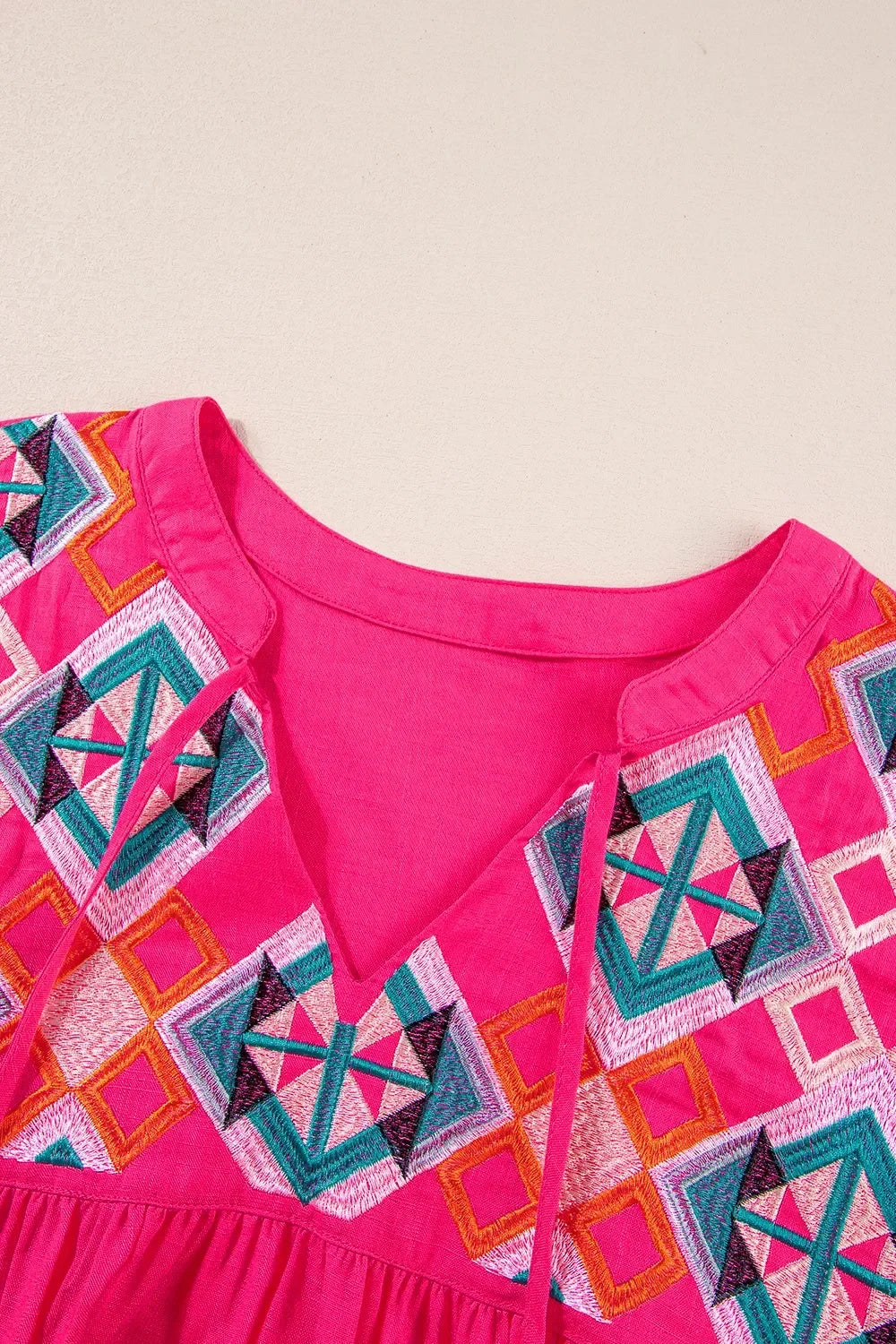Geometric Embroidered Tassel Tie Neck Blouse - Southern Shores Clothing