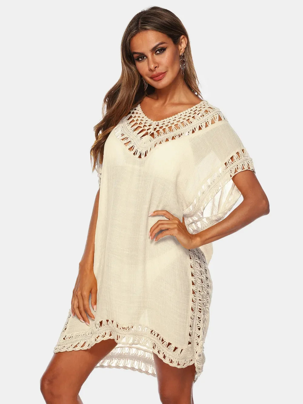 Cutout V-Neck Short Sleeve Cover-Up One Size - Southern Shores Clothing