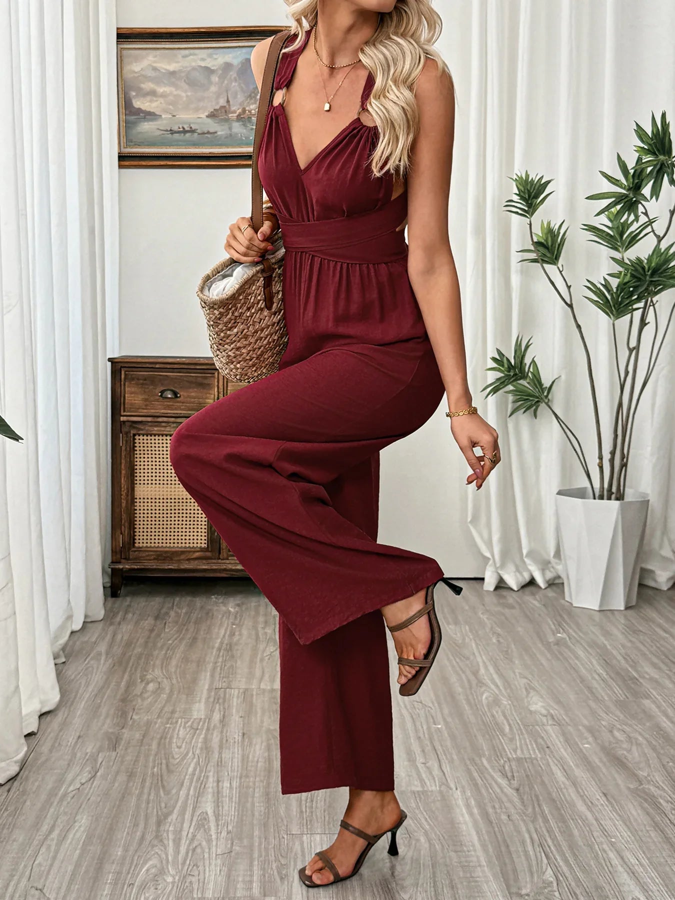 V Neck Sleeveless Wide Leg Jumpsuit Crisscross - Southern Shores Clothing