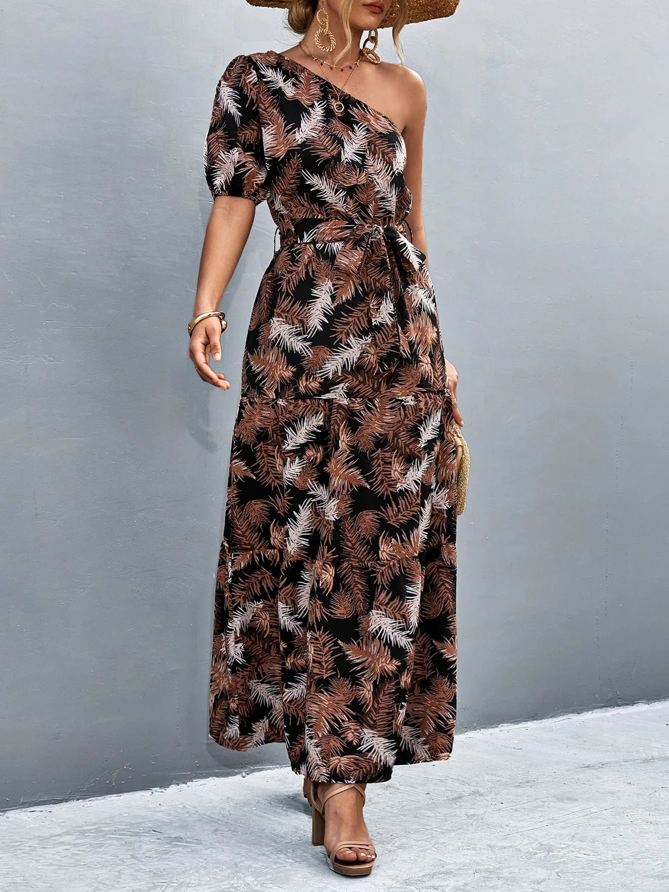 Printed One Shoulder Maxi Dress With Tie Waist - Southern Shores Clothing