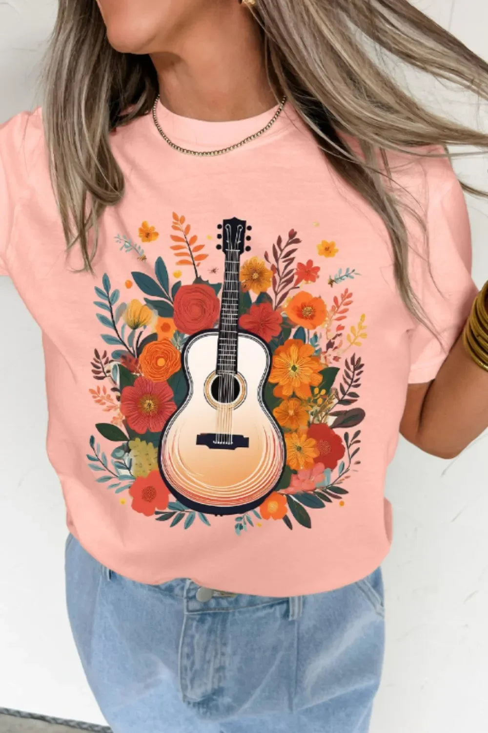Guitar Flower Print Crew Neck T Shirt Loose Fit - Southern Shores Clothing