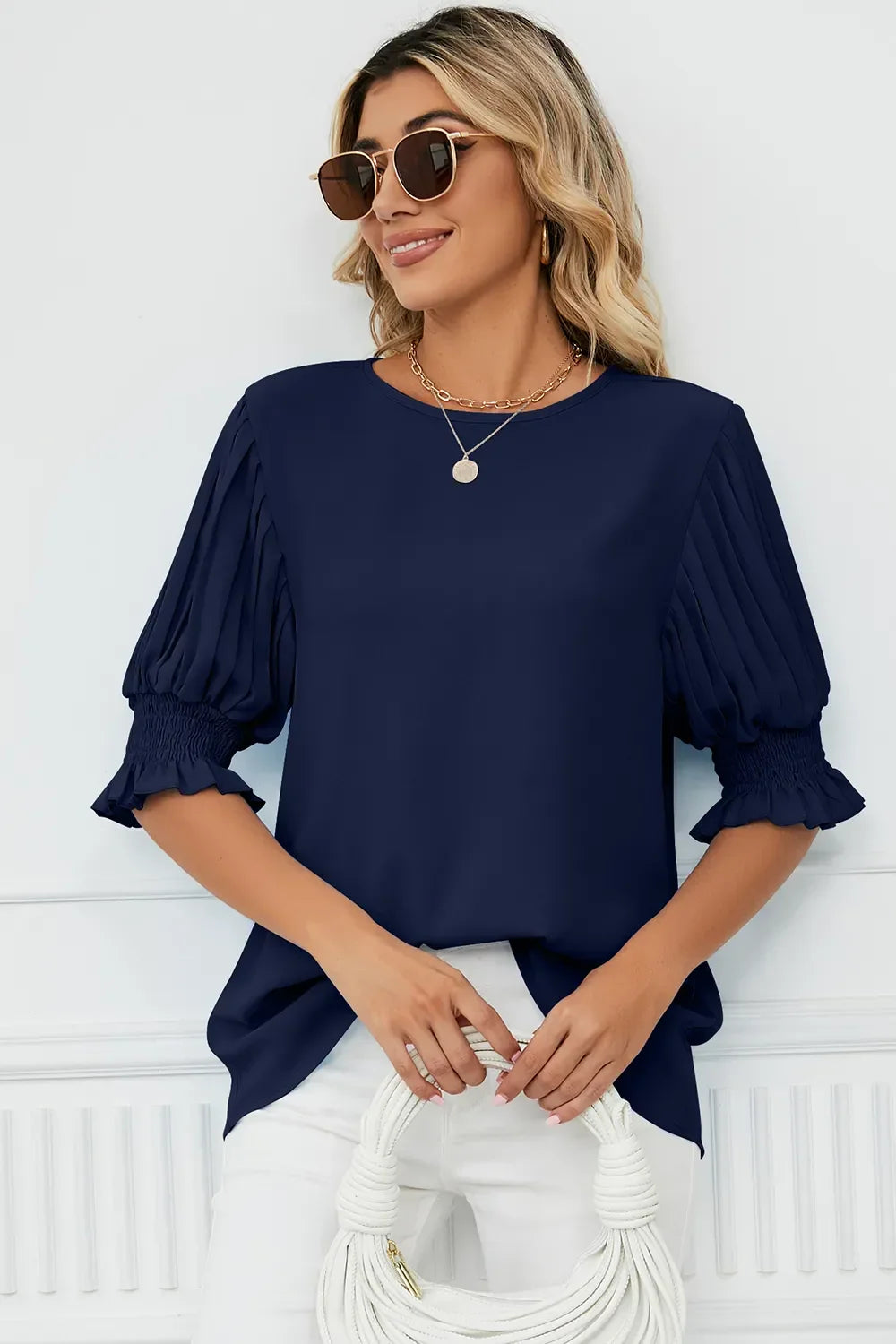 Frill Round Neck Lantern Sleeve T Shirt - Southern Shores Clothing