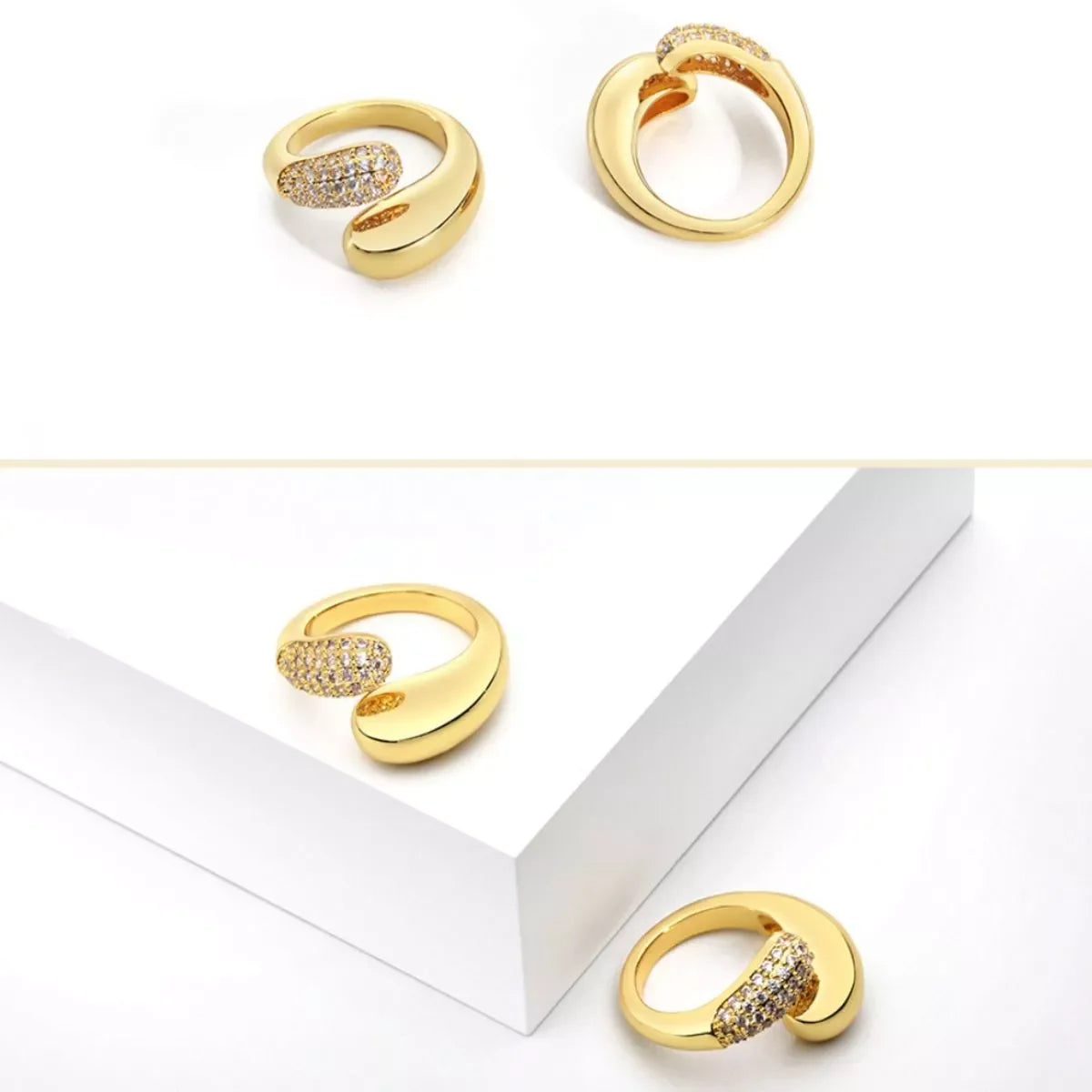 18K Gold-Plated Adjustable Open Ring With Crystals - Southern Shores Clothing
