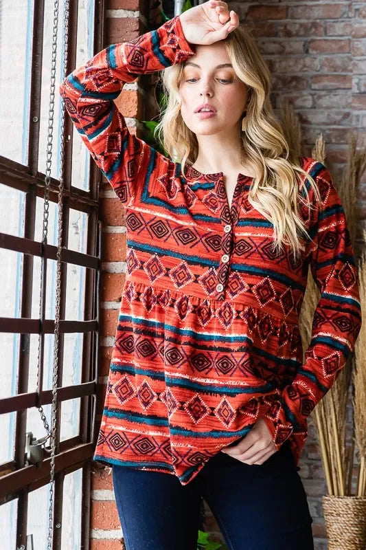 Long Sleeve Geometric Babydoll Top With Button Details - Southern Shores Clothing
