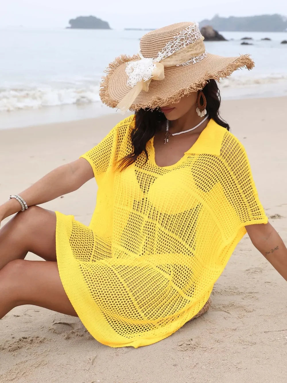 One Size Sheer Hollow Out Collared Neck Cover Up - Southern Shores Clothing