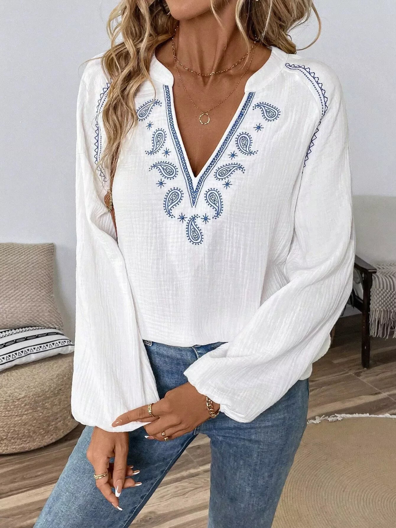 Paisley Notched Balloon Sleeve Cotton Blouse - Southern Shores Clothing