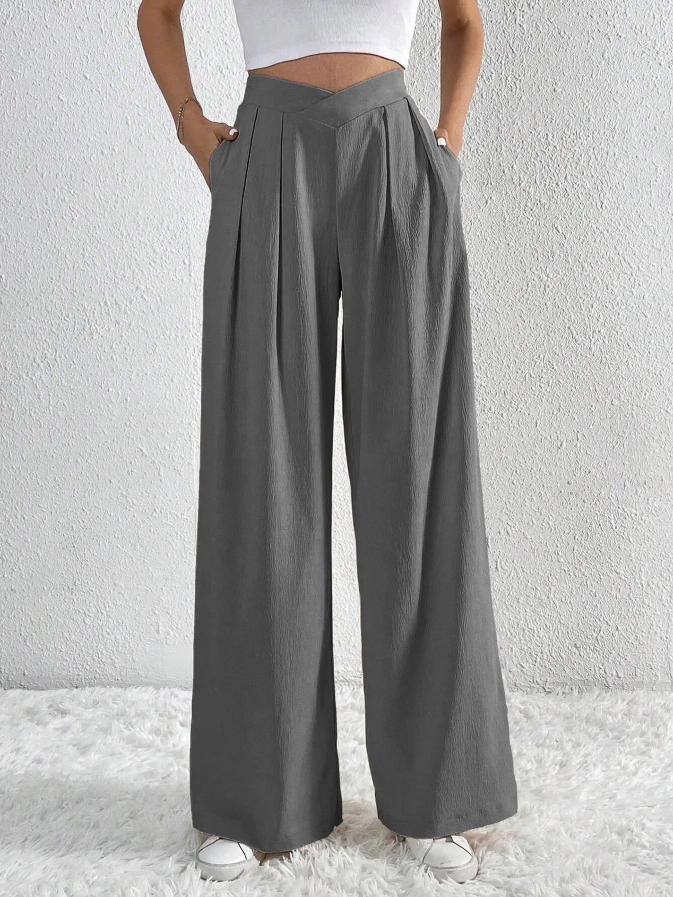 V-Waisted Ruched Front Flowing Wide Leg Pants Casual Wear - Southern Shores Clothing