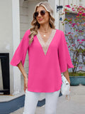 V-Neck Lace Trim Blouse With Rayon Blend And Spade Design - Southern Shores Clothing