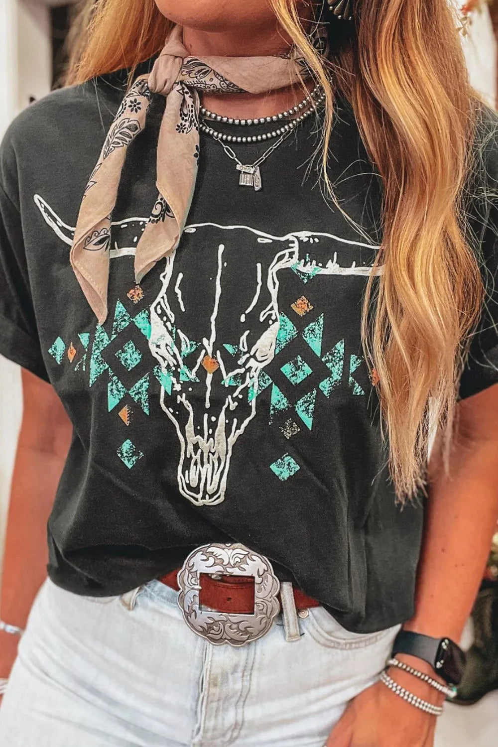 Bull Head Skull Design Round Neck Short Sleeve Women's T-Shirt by SYNZ
