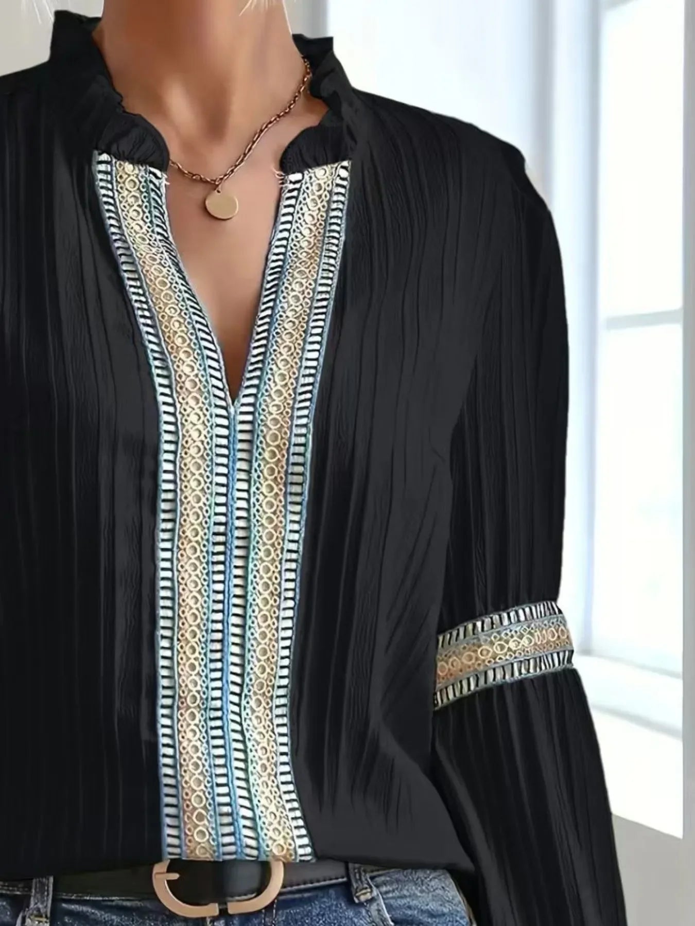 Textured Notched Balloon Sleeve Blouse Top - Southern Shores Clothing