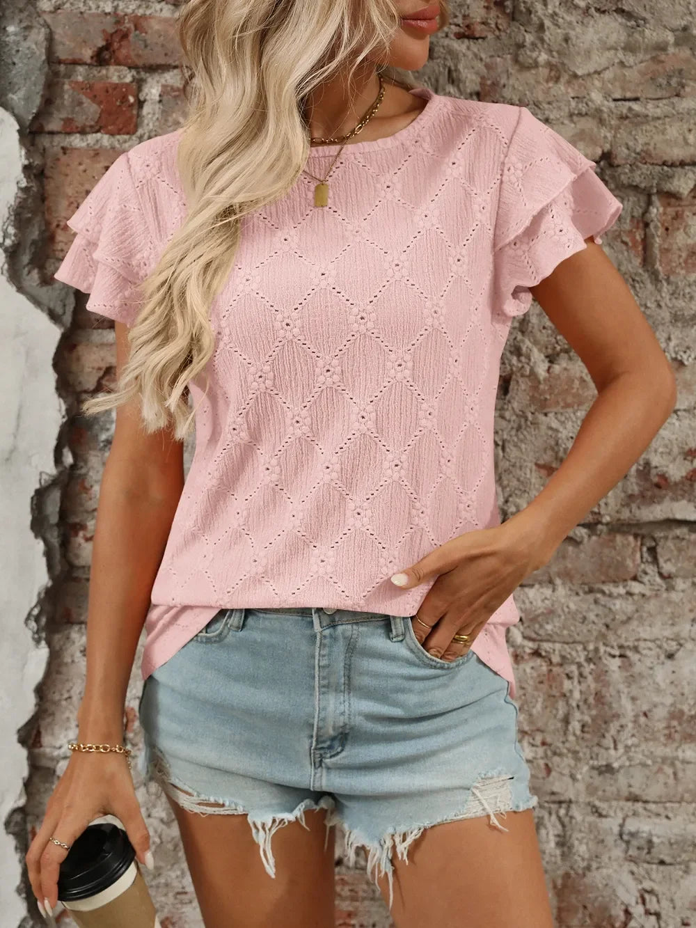Eyelet Round Neck Ruffled Short Sleeve Top - Southern Shores Clothing