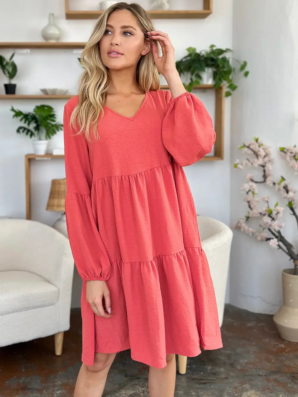 V Neck Balloon Sleeve Tiered Dress With Pockets - Southern Shores Clothing