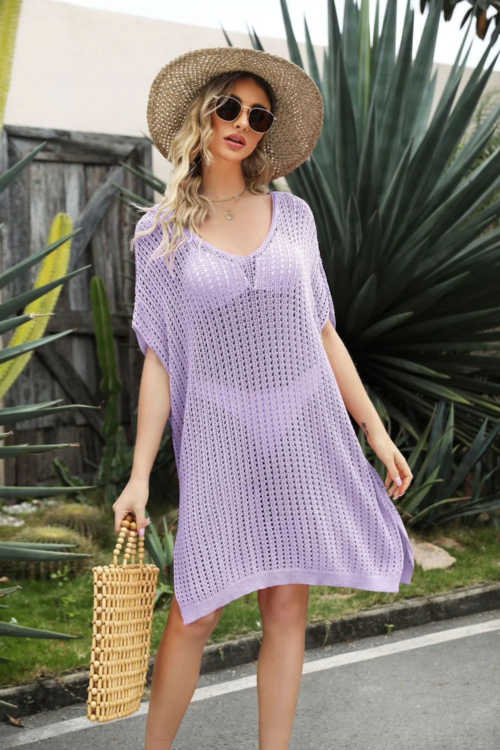 Openwork Side Slit Cover-Up Dress One Size - Southern Shores Clothing