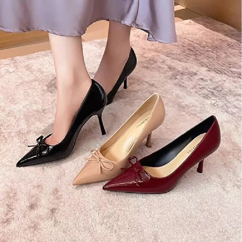 Bow Detail Pointed Toe Pumps Leather Mid Heel