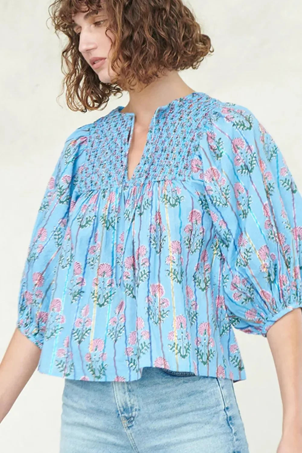 Smocked Floral Print Tie Neck Cotton Blouse - Southern Shores Clothing