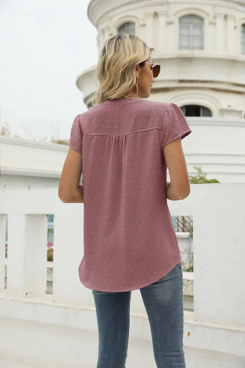 Swiss Dot Notched Neck Short Sleeve Top Casual Wear - Southern Shores Clothing