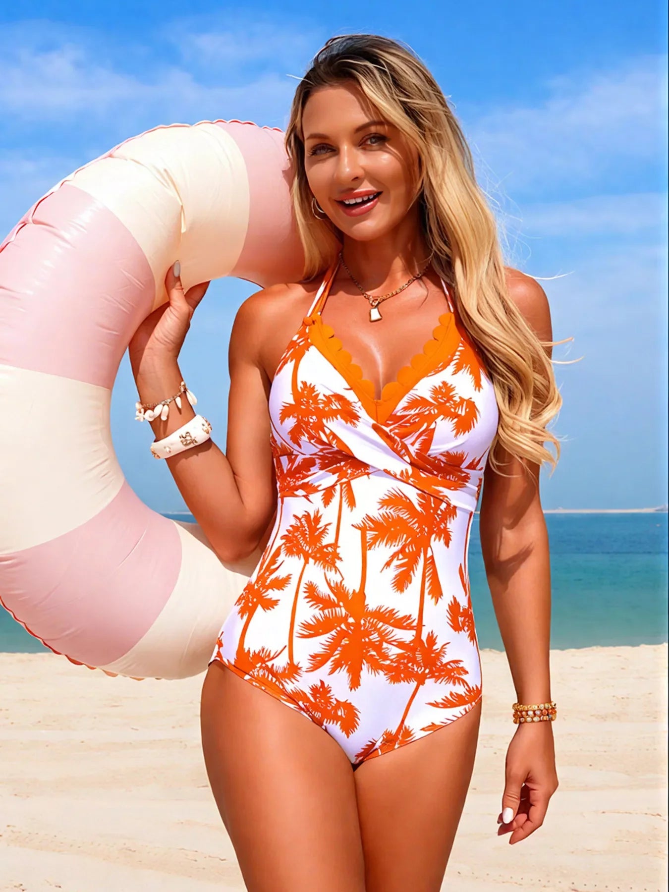 Tropical Palm Print Halter Neck One Piece Swimsuit Removable Pads - Southern Shores Clothing