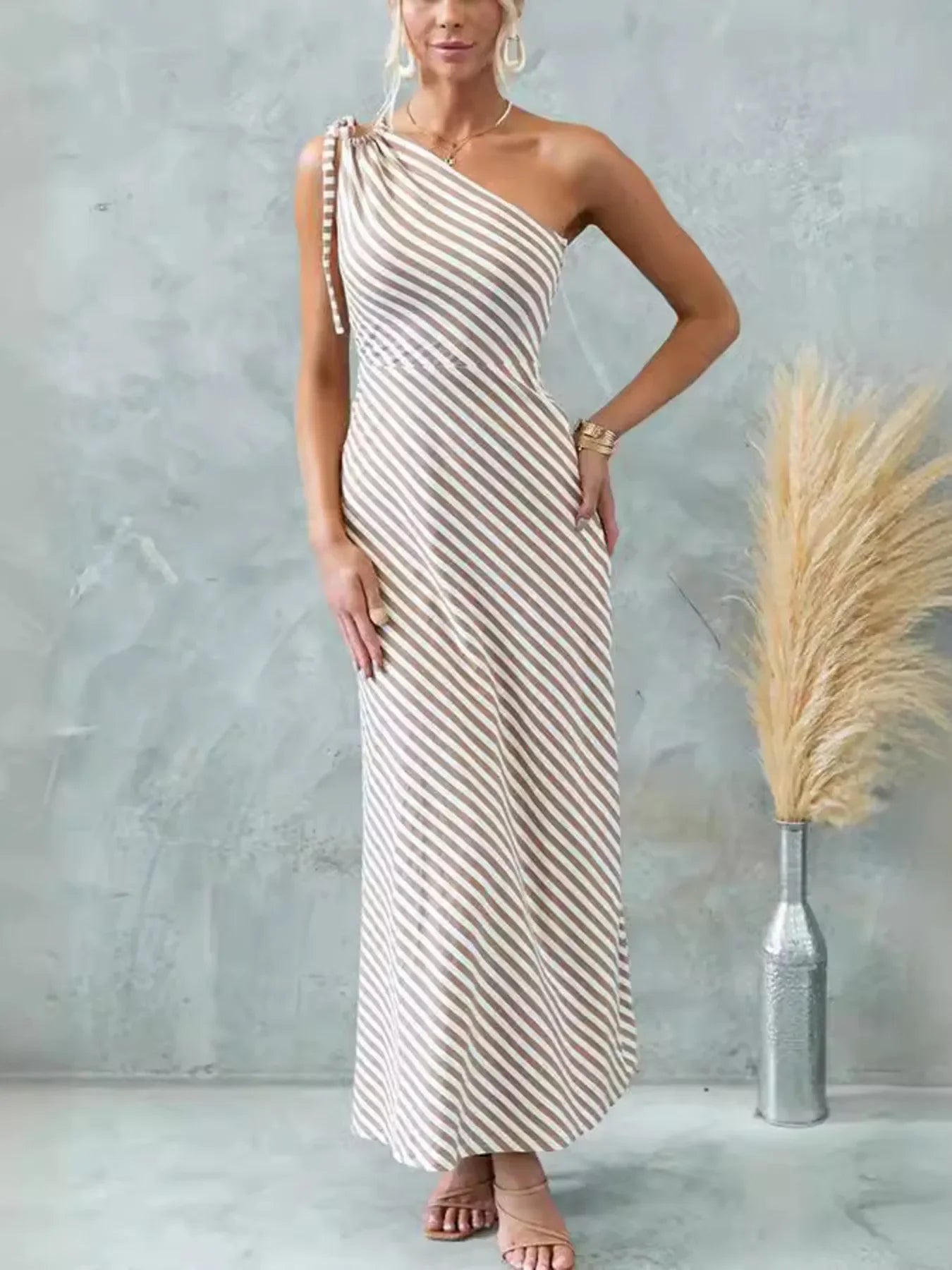 One Shoulder Striped Maxi Dress For Everyday Wear - Southern Shores Clothing