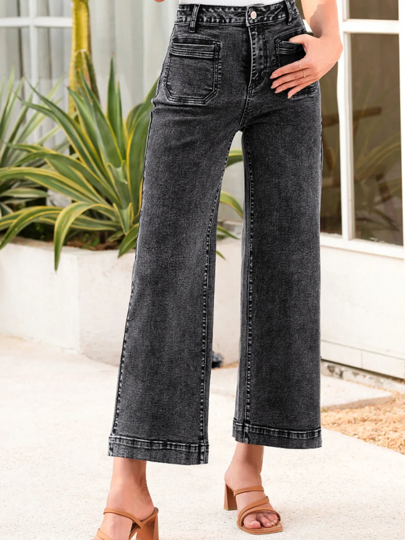 High Waisted Wide Leg Washed Denim Jeans