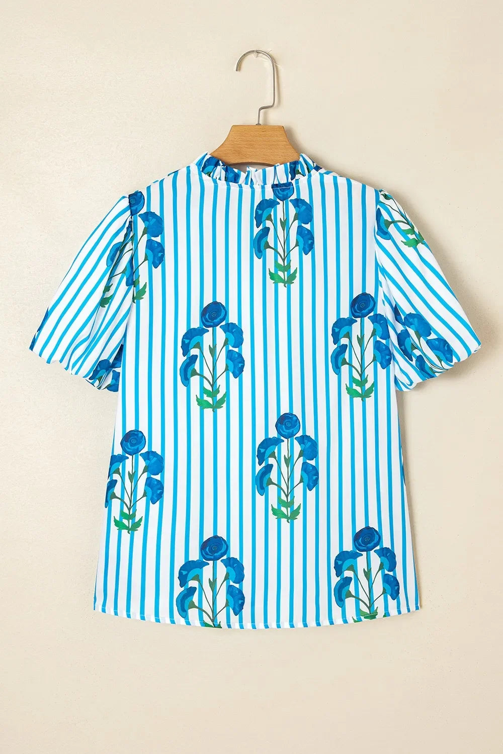 Striped Floral Notched Neck Puff Sleeve Blouse - Southern Shores Clothing