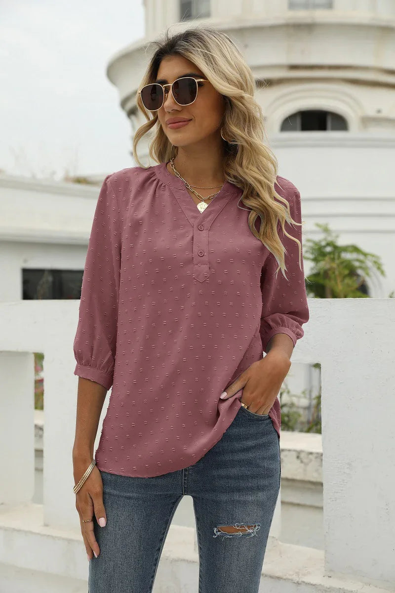 Swiss Dot Notched Neck Three-Quarter Sleeve Blouse - Southern Shores Clothing