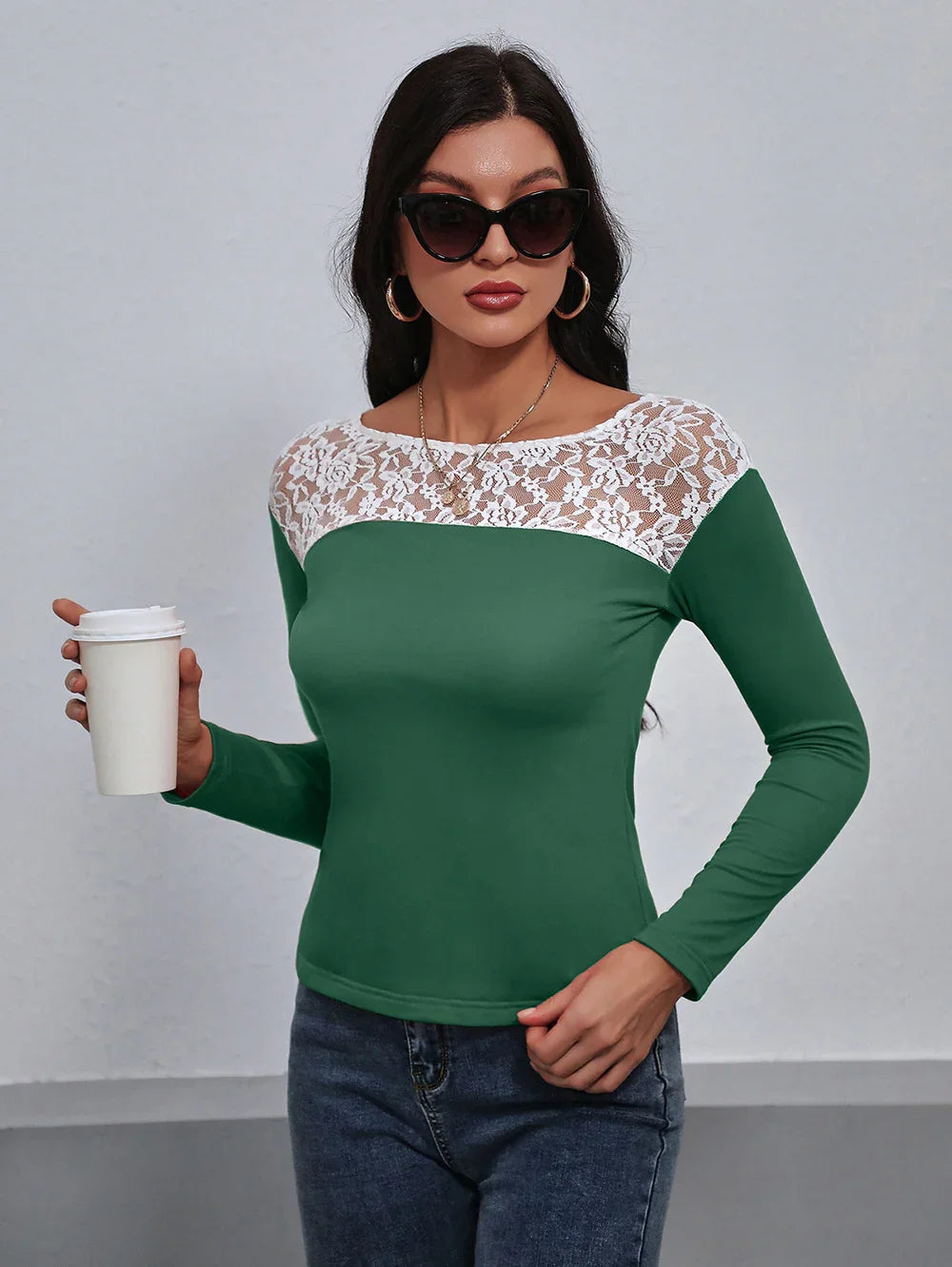 Lace Trim Long Sleeve Round Neck Tee For Casual Wear - Southern Shores Clothing