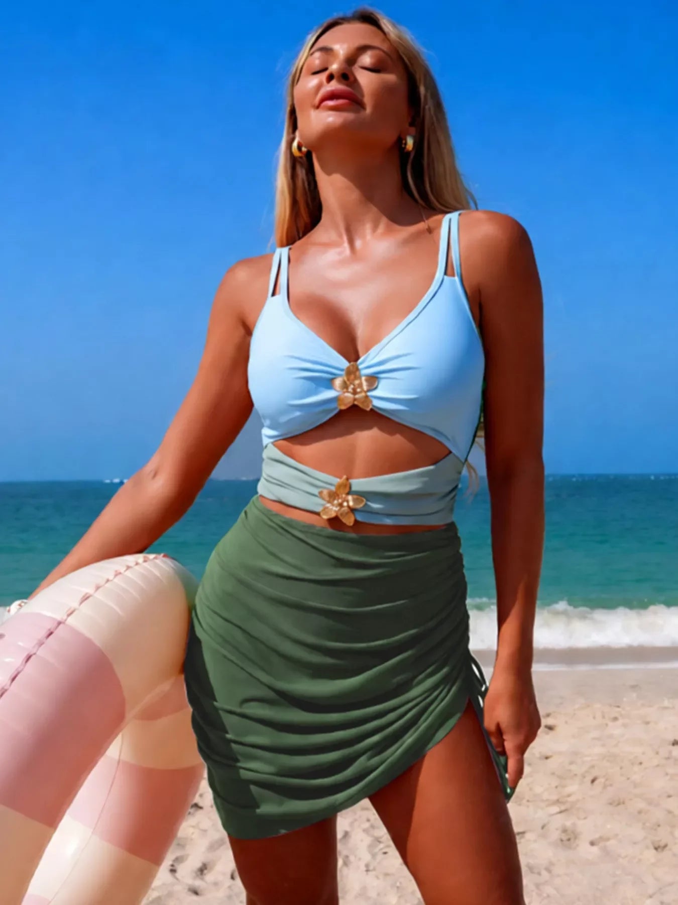 Block Cutout One-Piece Swimsuit With Floral Ruched Accent - Southern Shores Clothing